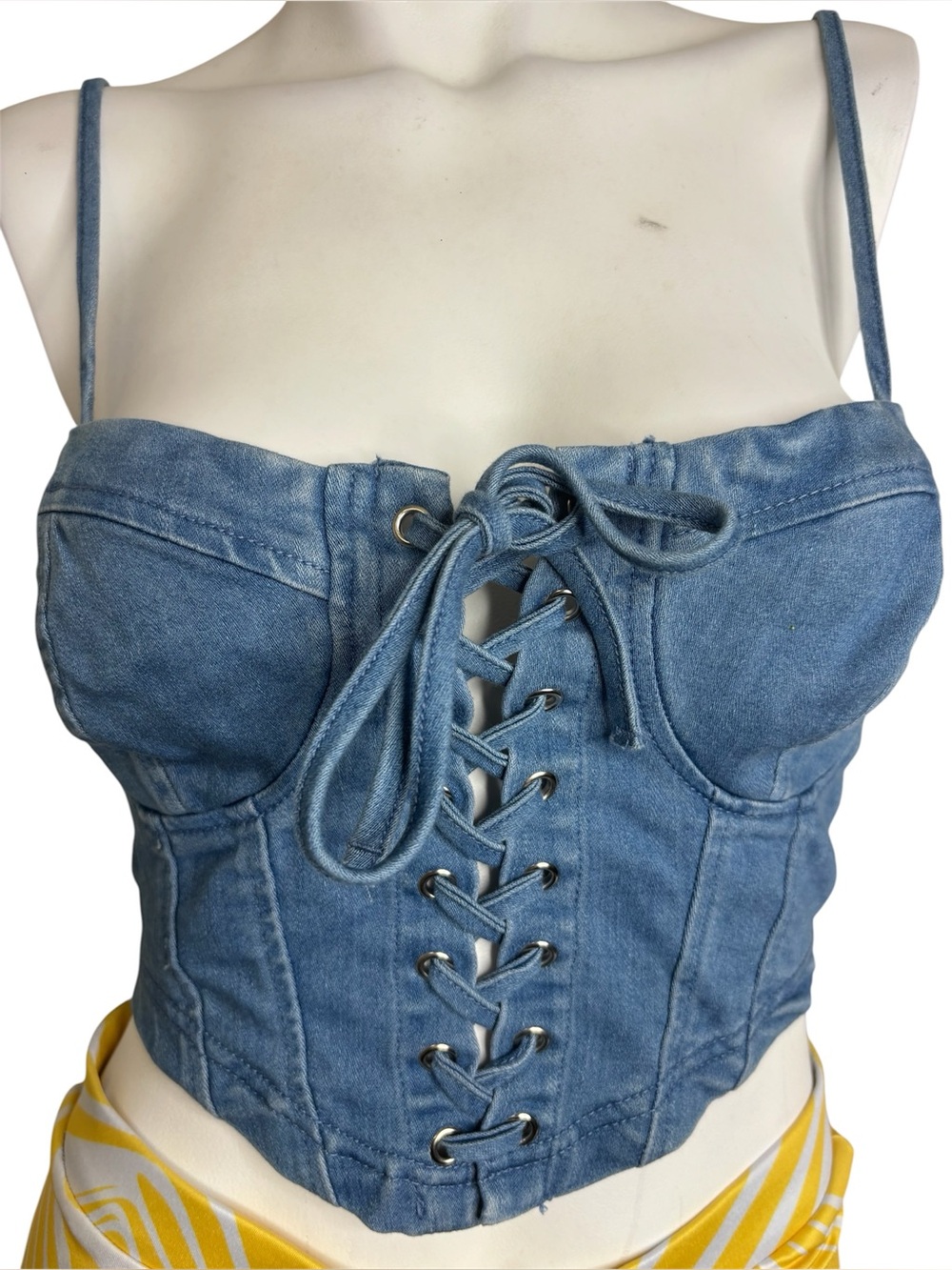 iris Blue Denim Lace-Up Bustier Crop Top